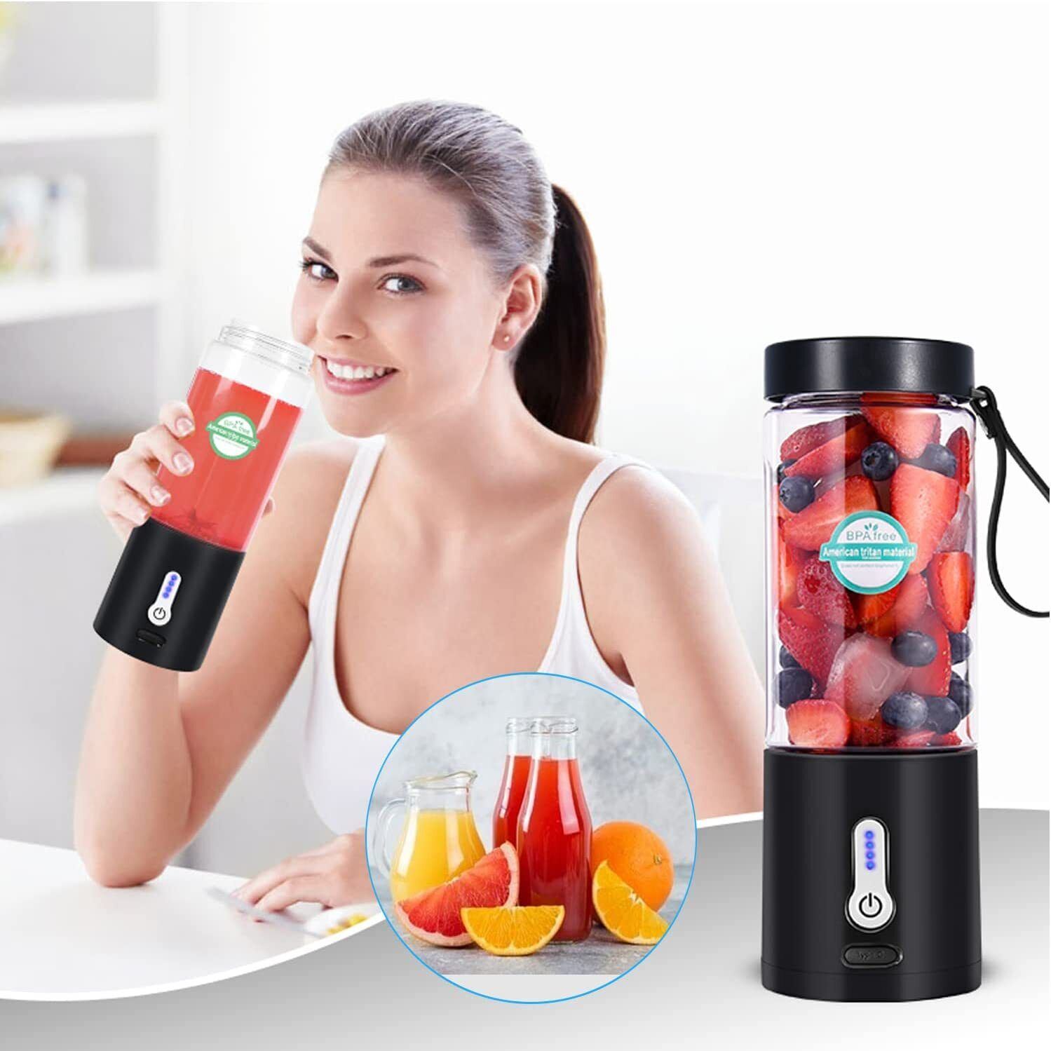 A durable Portable Blender Smoothies Fruit Vegetable Juicer Machine USB Rechargeable Mixer with stainless steel blades, made of food-grade materials, accompanied by fresh fruit and a spoon.