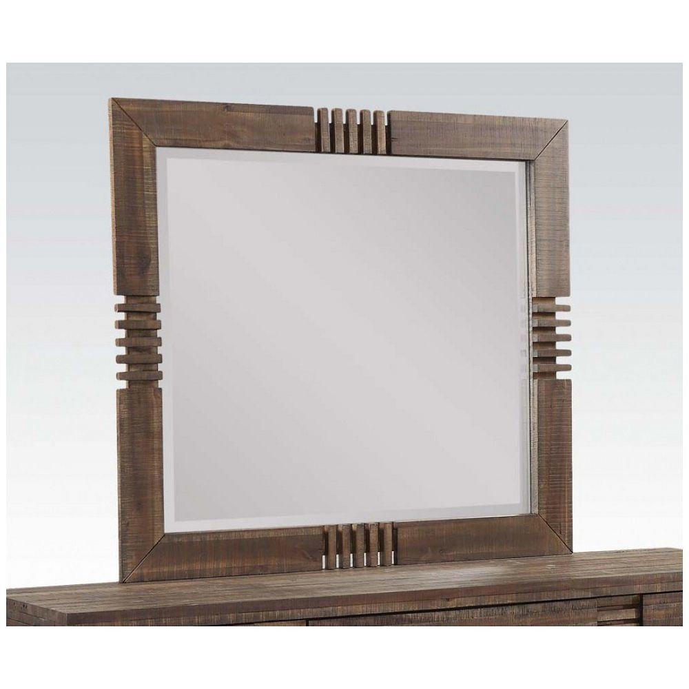 An elegant wooden mirror with a stunning Andria Mirror in Reclaimed Oak YJ finish, featuring the Andria Beveled design for an added touch of sophistication.