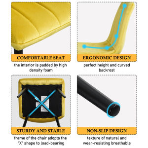 A modern dining room with a white table, four Indoor Velvet Dining Chairs with velvet fabric, and a gray rug, against a blue and white wall with minimalistic artwork.