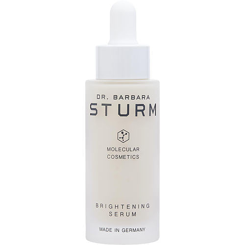 A white dropper bottle labeled "Dr. Barbara Sturm by Dr. Barbara Sturm Brightening Serum, 30ml/1oz, made in Germany.