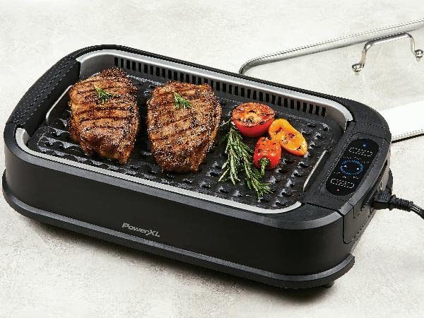 PowerXL Smokeless Grill Family Size- with Tempered Glass Lid with Interchangeable Grill and Griddle Plate and Turbo Speed Smoke Extractor Technology 22.1' X13.2' X 6.1