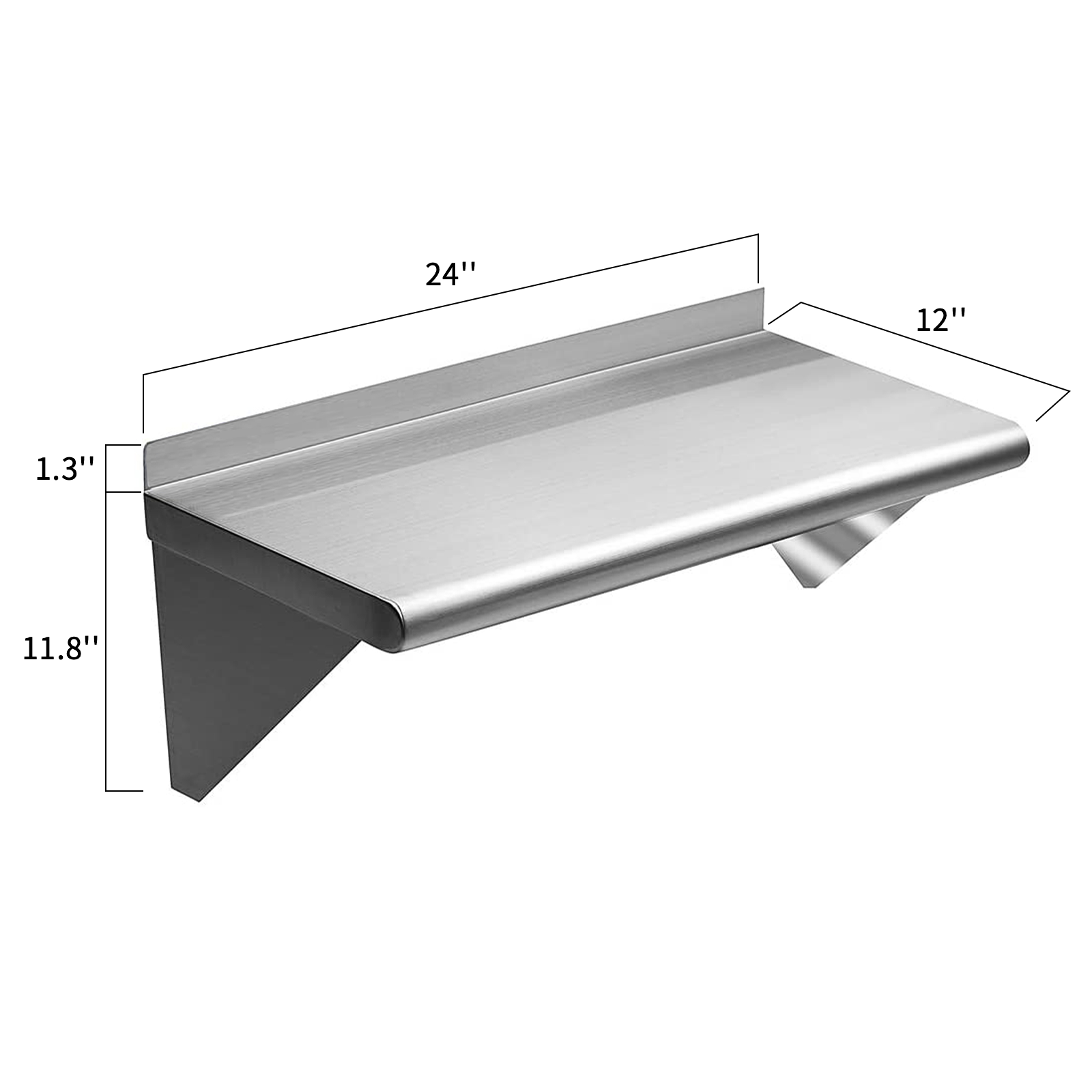 A Stainless Steel Shelf 12 x 24 Inches; 250lb; Wall Mount Floating Shelving for Restaurant; Kitchen; Home and Hotel on a white background, made with superior material.