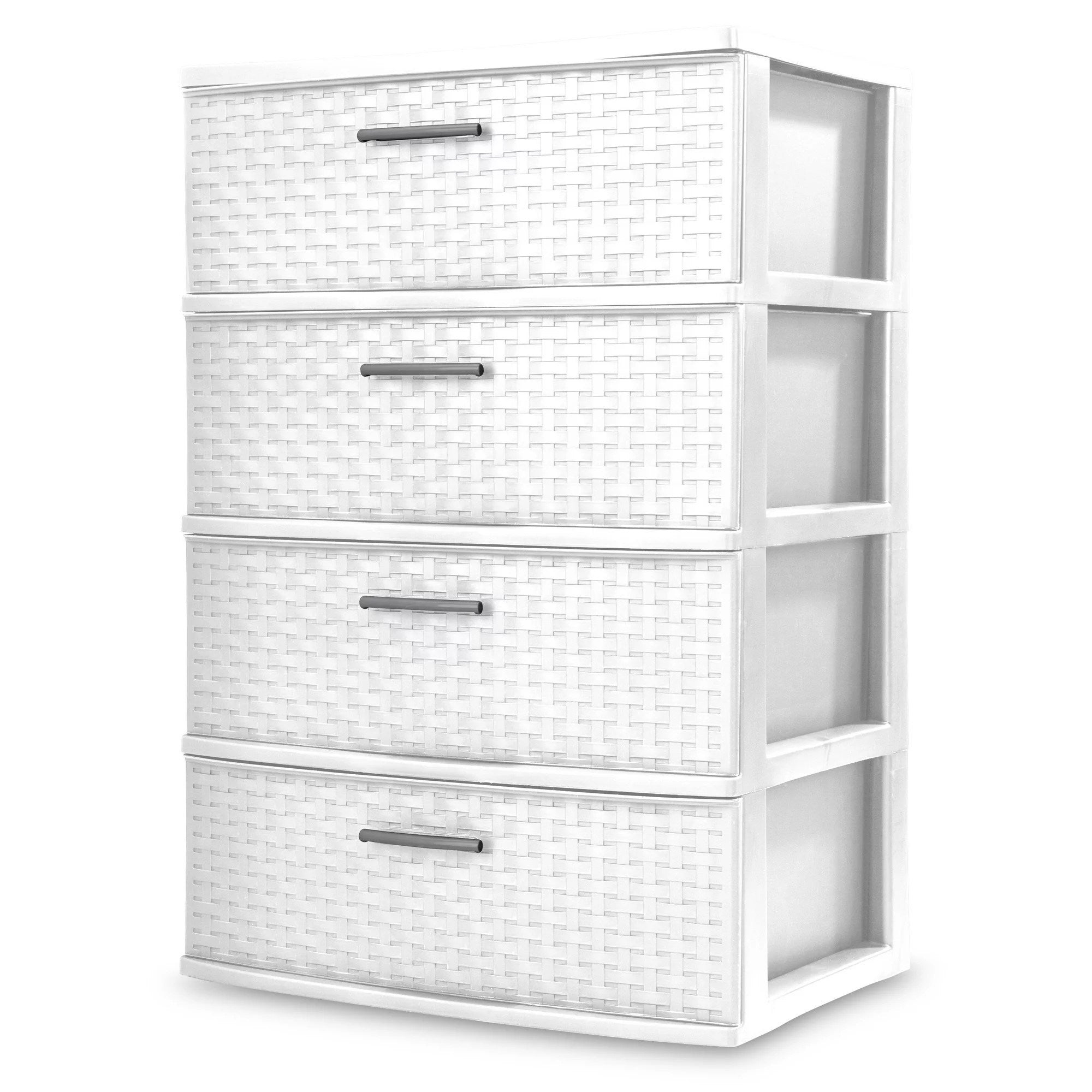 A woven 4 drawer wide weave tower decoration storage cabinet with gray drawers.