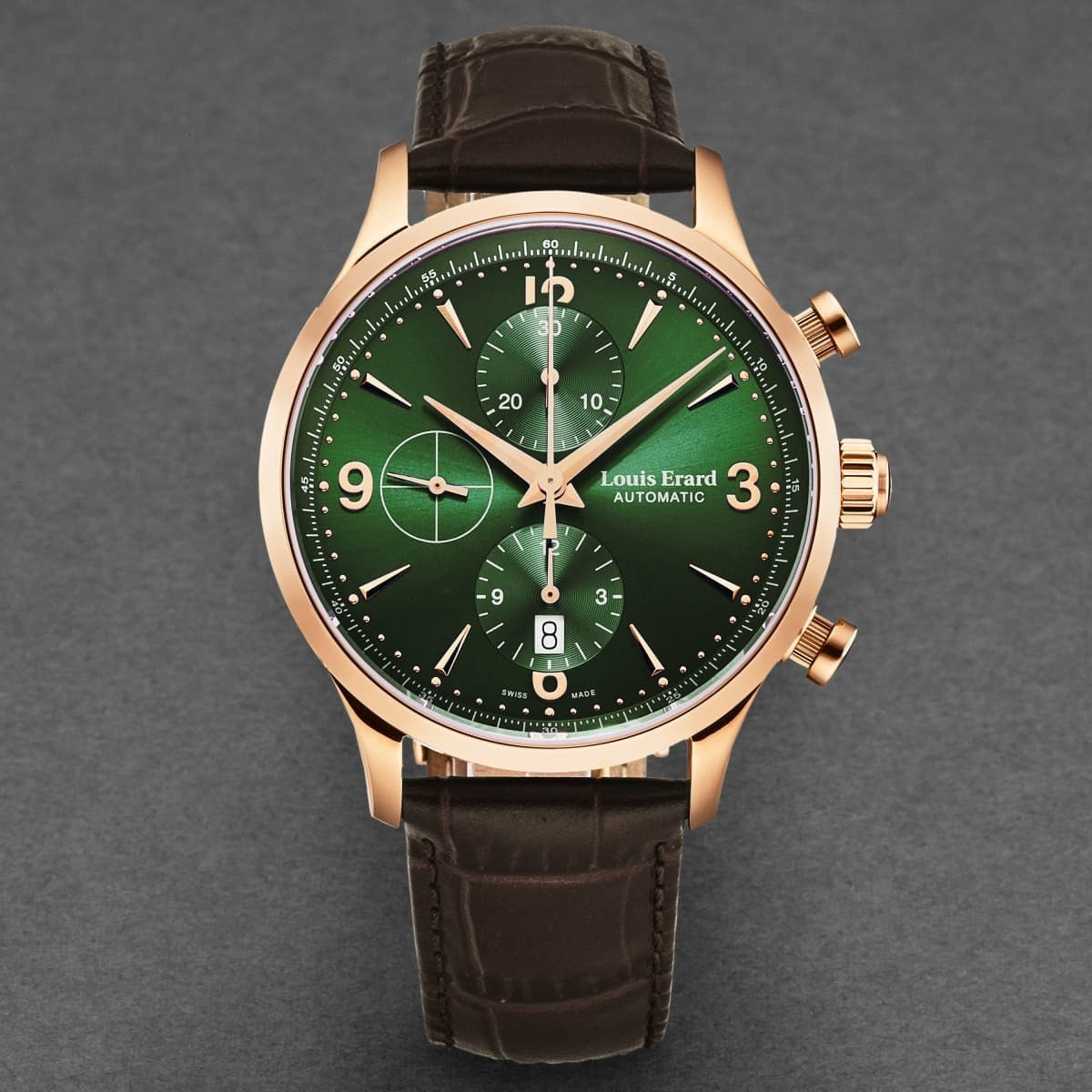 A Louis Erard Men's '1931' Chronograph Green Dial Brown Leather Strap Automatic Watch 78225PR19.BRC03 with a green dial and brown leather strap.