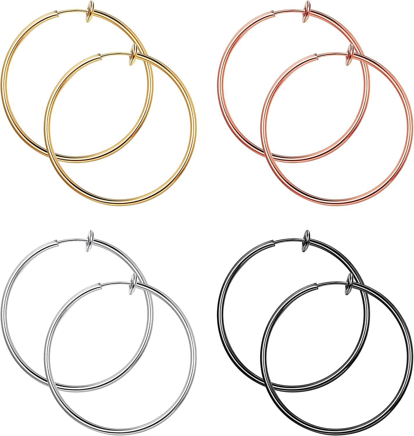 Sentence with replaced product name: 4 Pairs Stainless Fake Hoop Earrings for Woman Men Big Clip On Hoop Earrings Set Non-Pierced Ear, available in gold, rose gold, silver, and black, displayed in pairs, isolated on a white background.