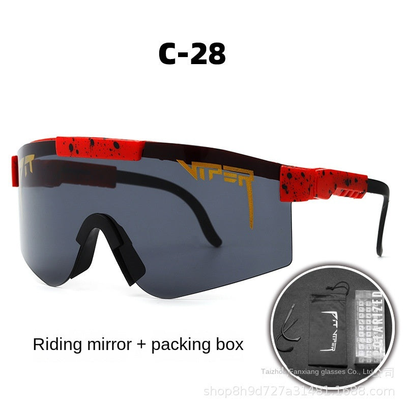 A pair of Pits Viper Riding Glasses Outdoor Sports Sunglasses for men, featuring "VIPER" branding on the lens and frame, with a red and white pattern on the arms. Designed for outdoor sports, they offer UV400 protection and come labeled "C-21," including a riding mirror and packing box.