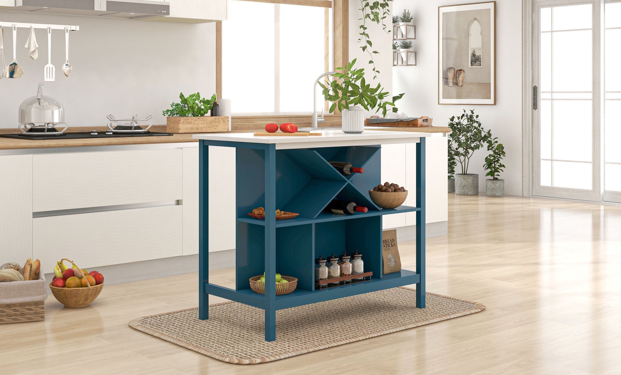 A modern kitchen with a Farmhouse Wood Stationary Counter Height Kitchen Island Dining Table on the blue island, featuring storage shelves and various vegetables and cooking ingredients on top and inside it.