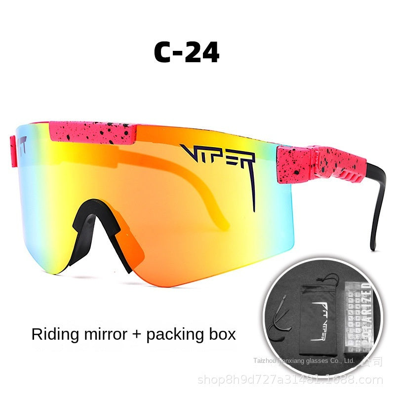A pair of Pits Viper Riding Glasses Outdoor Sports Sunglasses for men, featuring "VIPER" branding on the lens and frame, with a red and white pattern on the arms. Designed for outdoor sports, they offer UV400 protection and come labeled "C-21," including a riding mirror and packing box.