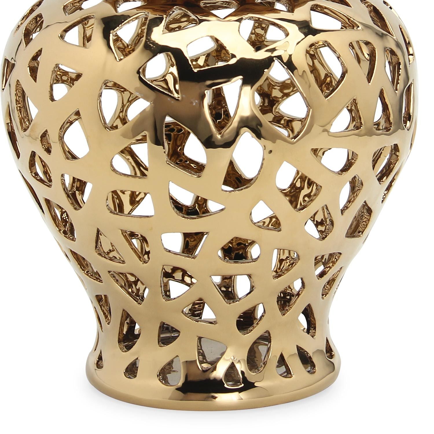 A Gold Ceramic Ginger Jar Vase with Decorative Design with an intricate design.