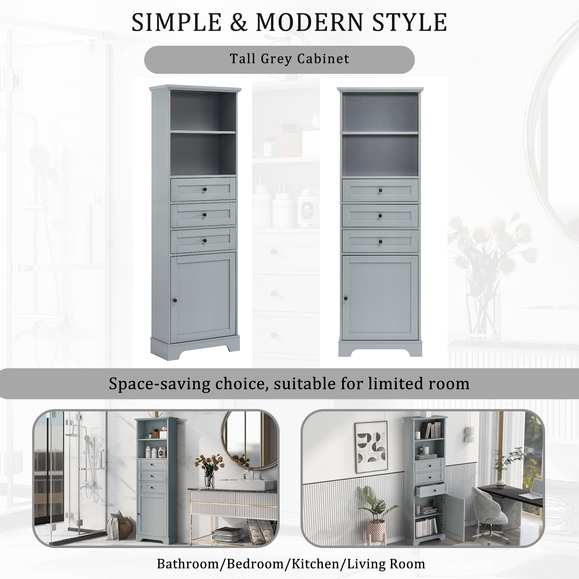 A bathroom with a Tall Storage Cabinet with 3 Drawers and Adjustable Shelves for Bathroom; Kitchen and Living Room; MDF Board with Painted Finish.