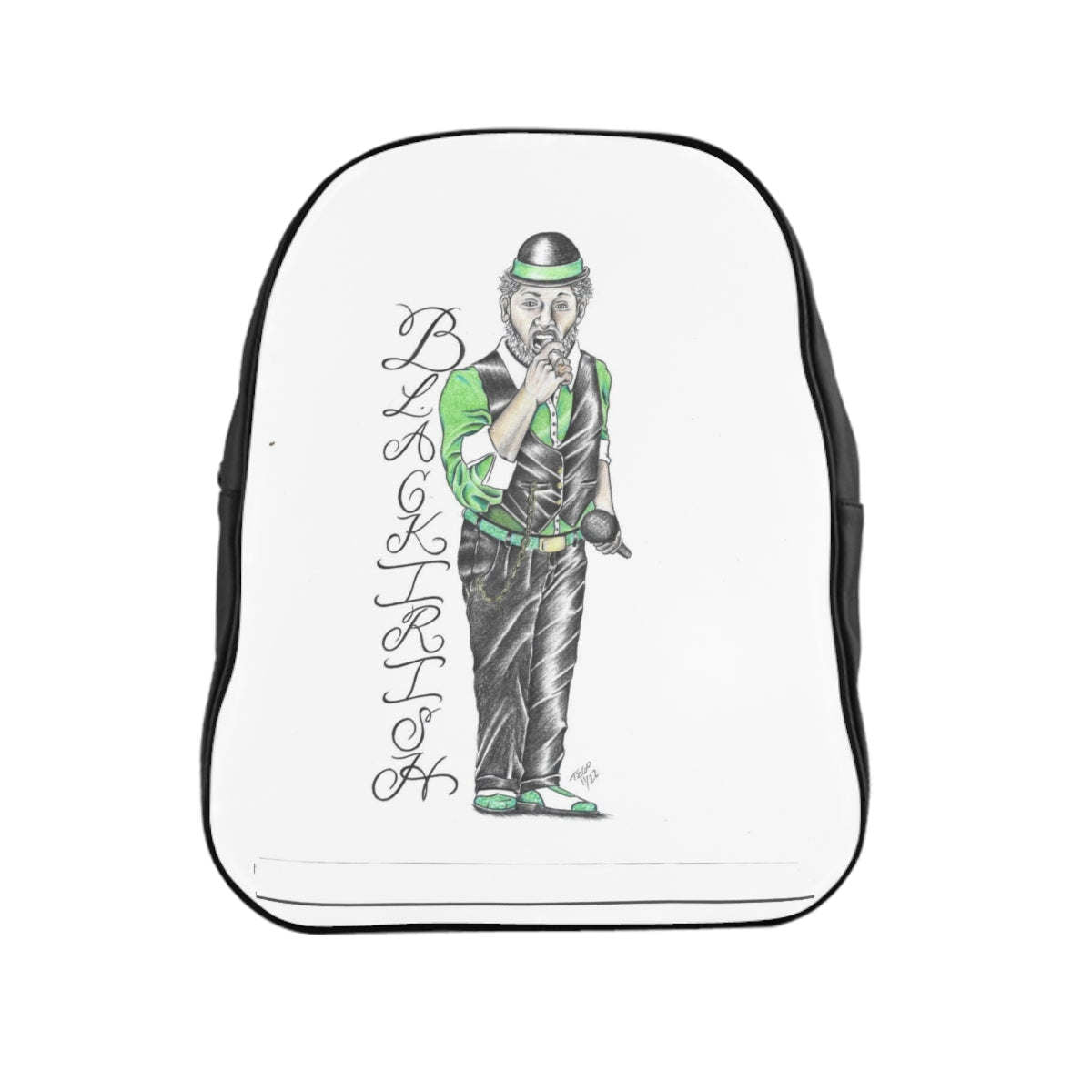 White and Black Irish Backpack 'St Patricks Day' featuring a quality print of a man in a green suit and hat holding a cane.