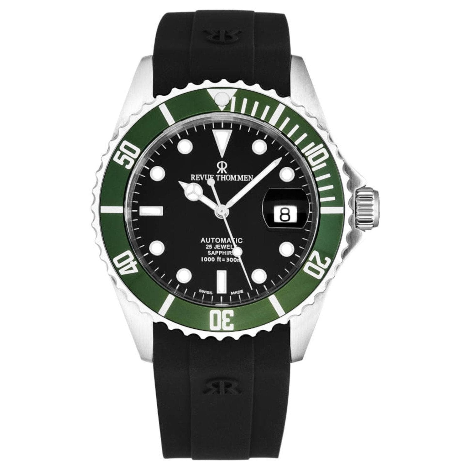 A Revue Thommen 17571.2834 men's 'Diver' Black Dial Rubber Strap Swiss Automatic Watch, featuring a sleek black and green design, showcased against a clean white background.