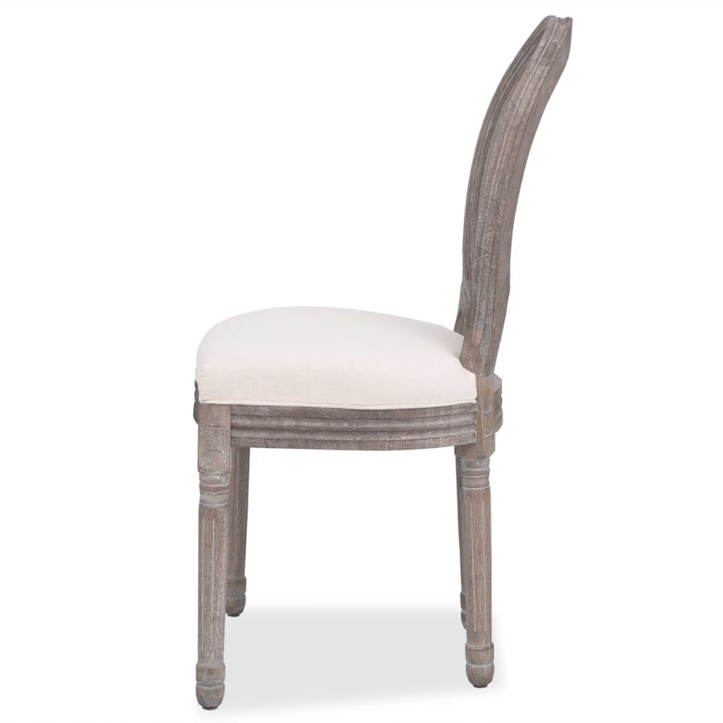 A set of four vidaXL Dining Chairs 6 pcs Cream Fabric with beige cushions.