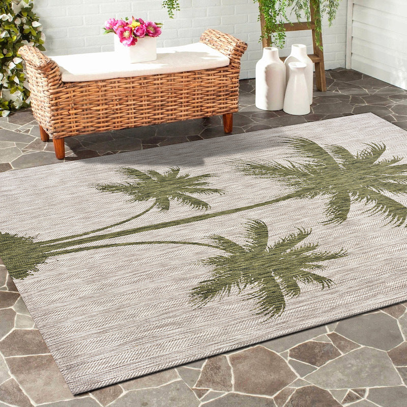 Embroidered palm trees on a Home Decor Indoor/Outdoor Accent Rug Natural Stylish Classic Pattern Design background.