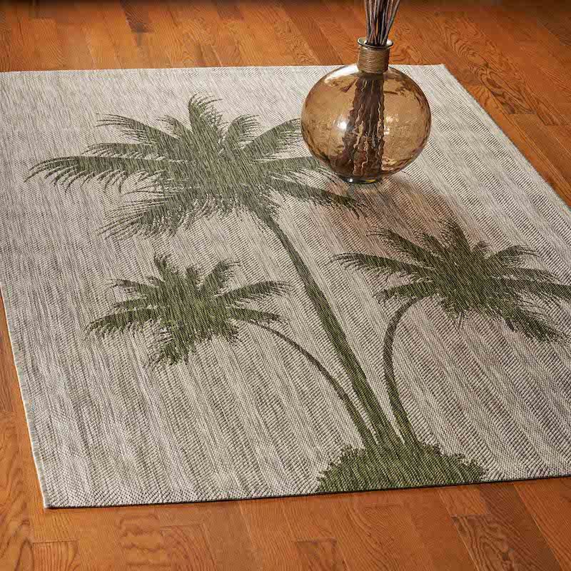 Embroidered palm trees on a Home Decor Indoor/Outdoor Accent Rug Natural Stylish Classic Pattern Design background.