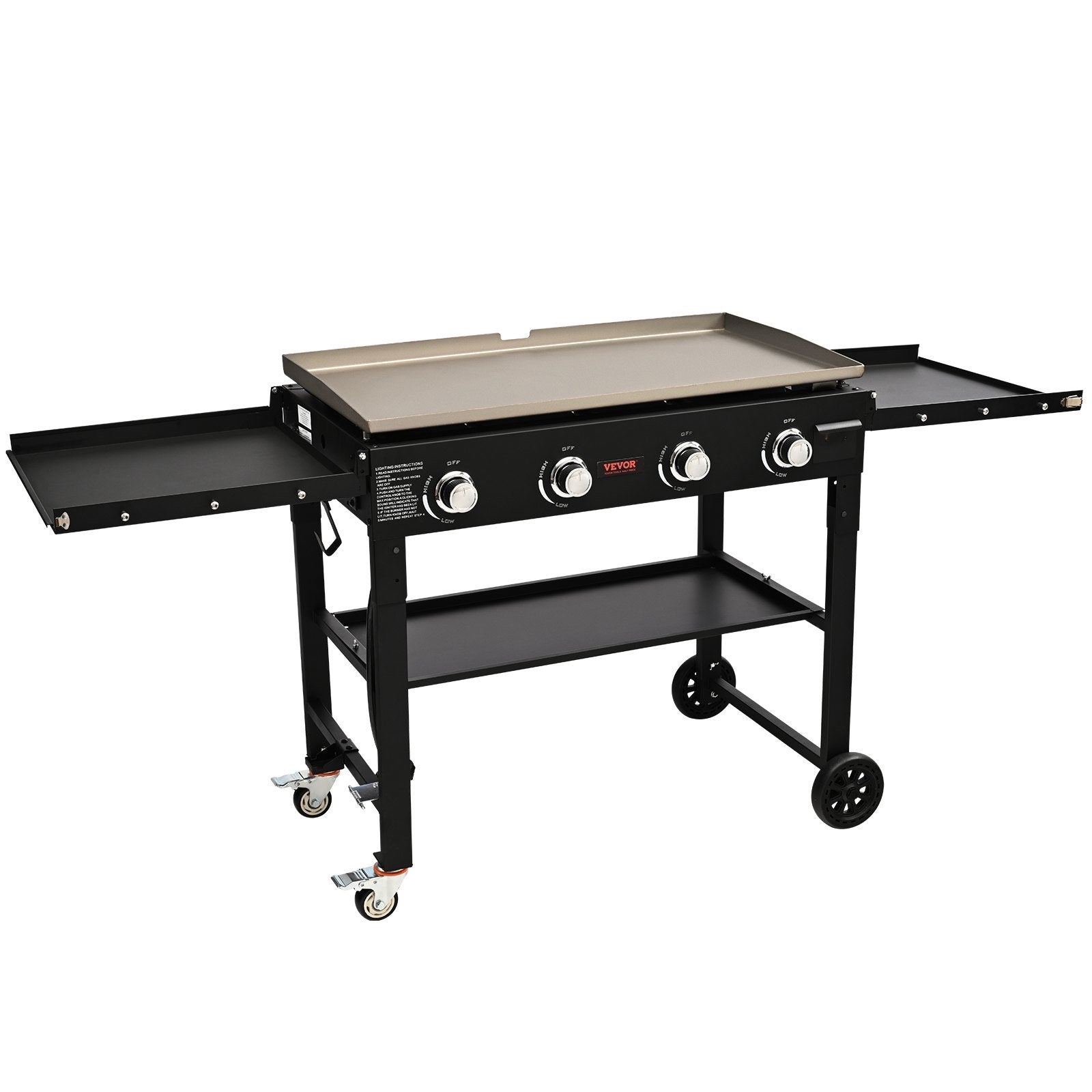 A VEVOR Commercial Griddle on Cart, 36" Heavy Duty Manual Flat Top Griddle, Outdoor Cooking Station with Side Shelves, Steel LPG Gas Griddle, 4-Burners Restaurant Portable Grill - 60,000 BTU with two burners and a cart, perfect for outdoor cooking.