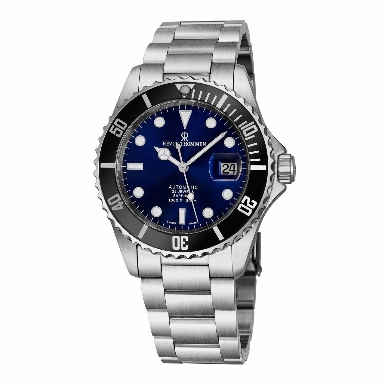 A Revue Thommen 17571.2123 Diver Blue Dial Stainless Steel Men's Swiss Automatic Watch with a Swiss Automatic movement.