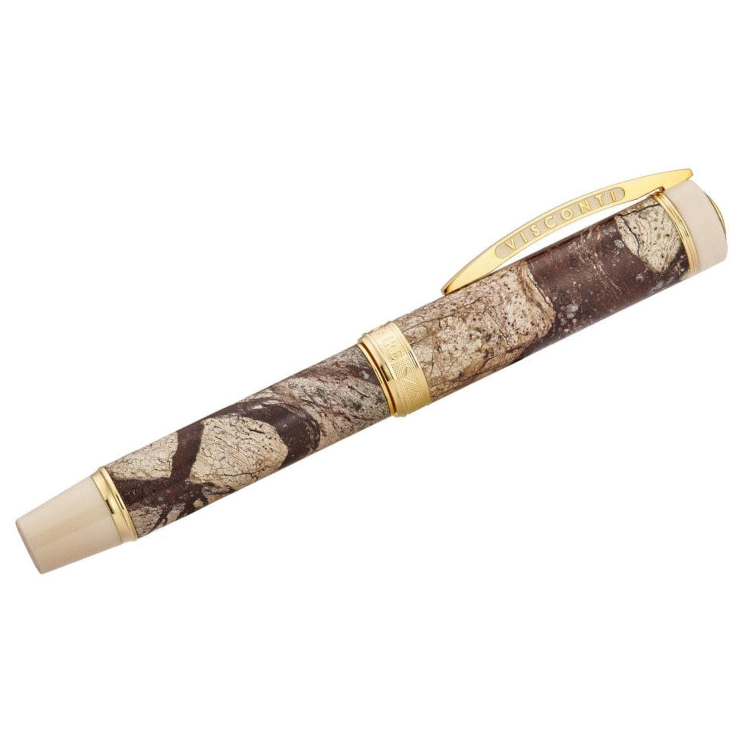 A Visconti 685RL02 'Millionaire' Rain Forest Brown Marble rollerball pen with a camouflage pattern and gold trim.