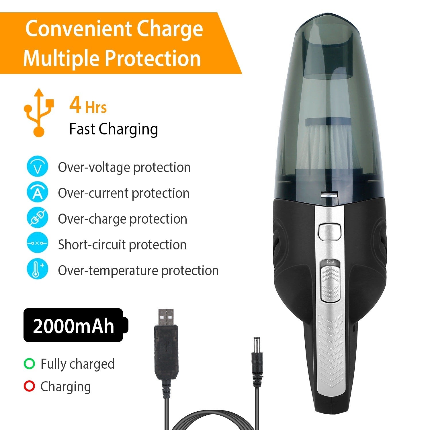 Car Handheld Vacuum Cleaner Cordless Rechargeable Hand Vacuum Portable Strong Suction Vacuum with various nozzles and USB charging cable, featuring graphics demonstrating its use in a car and on furniture.