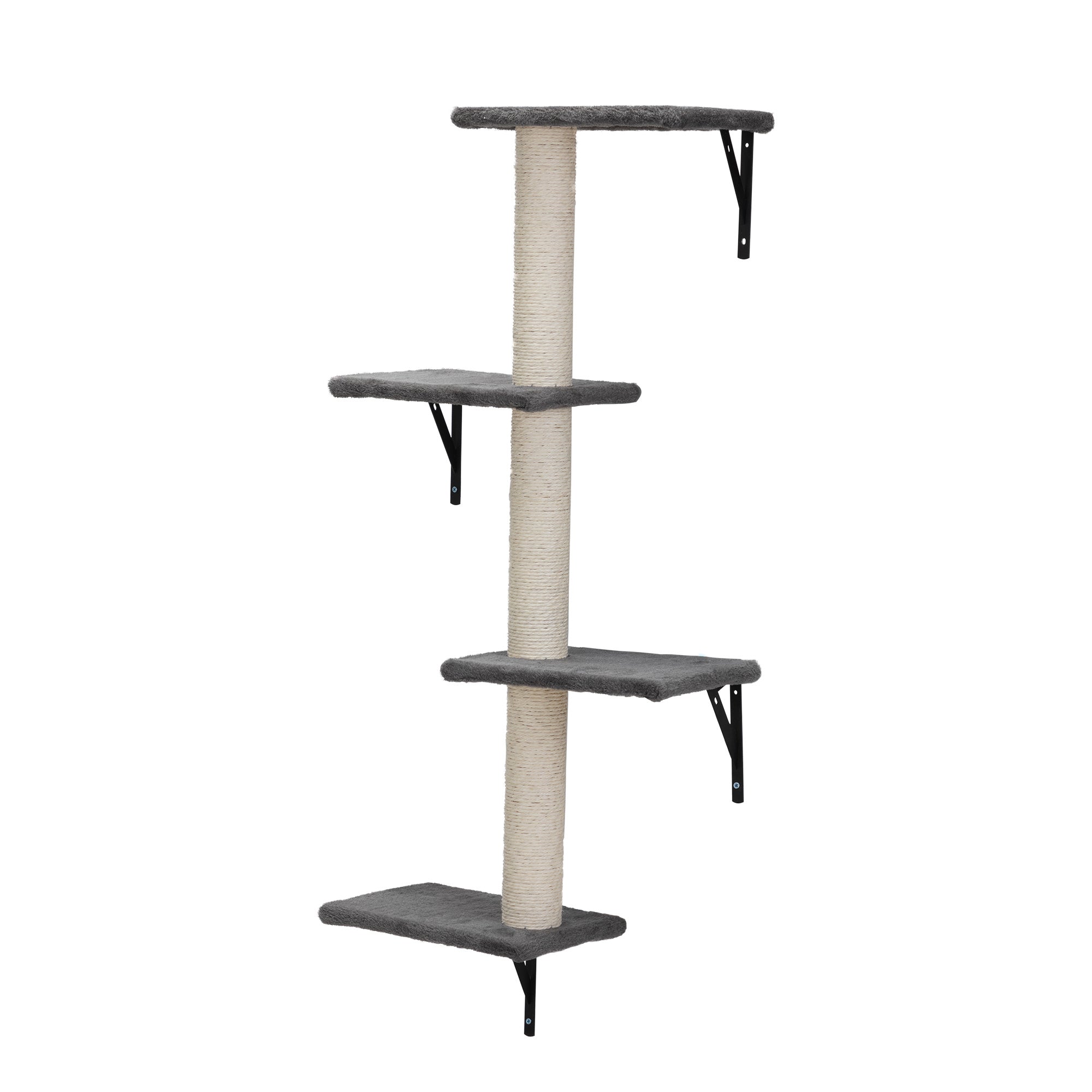 A cat is climbing up a 5 Pcs Wall Mounted Cat Climber Set, also known as floating cat shelves and perches, in a room.