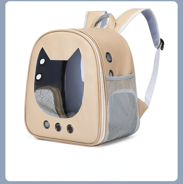 Cat backpack Carrier: Light color transparent pet bag large space comfortable breathable cat backpack, featuring side mesh pockets and ergonomic straps.