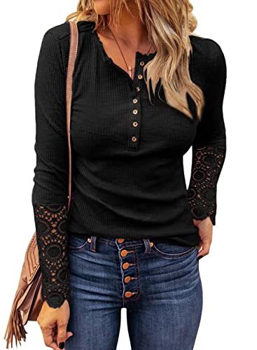 A person is wearing the Womens Ribbed Knit Henley Long Sleeves Tunic Lace Top with a V neck and button detail, paired with blue jeans—perfect for 2022 Fashion Fall Clothes. The person is carrying a brown bag with a tassel strap over their shoulder, embodying the VICHYIE Womens Fashion vibe.