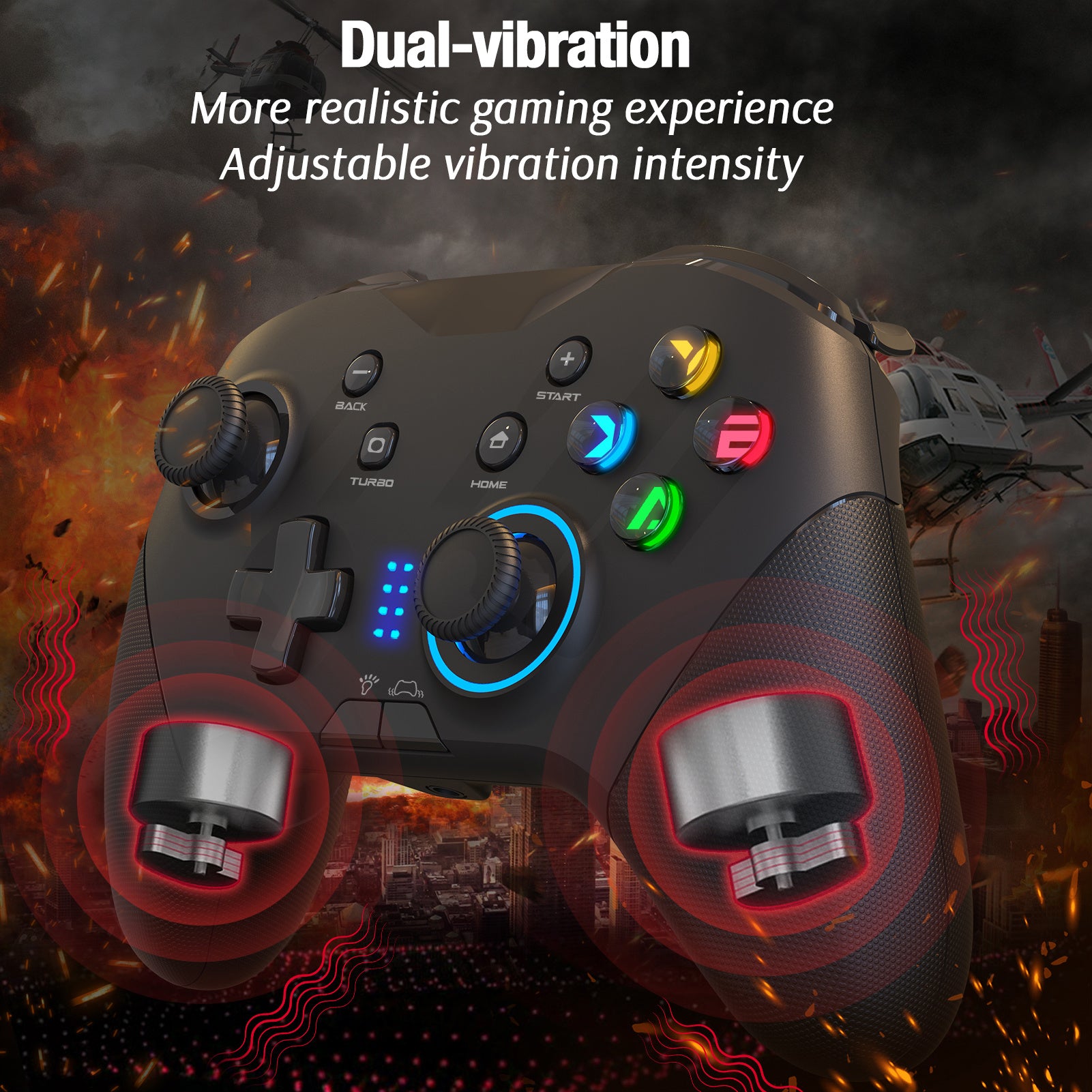 A Dual-Vibration PC Game Controller Compatible Windows 10/8/7 PC Laptop And TV Box with buttons on it, designed for enhanced gaming experience with vibrating motors.