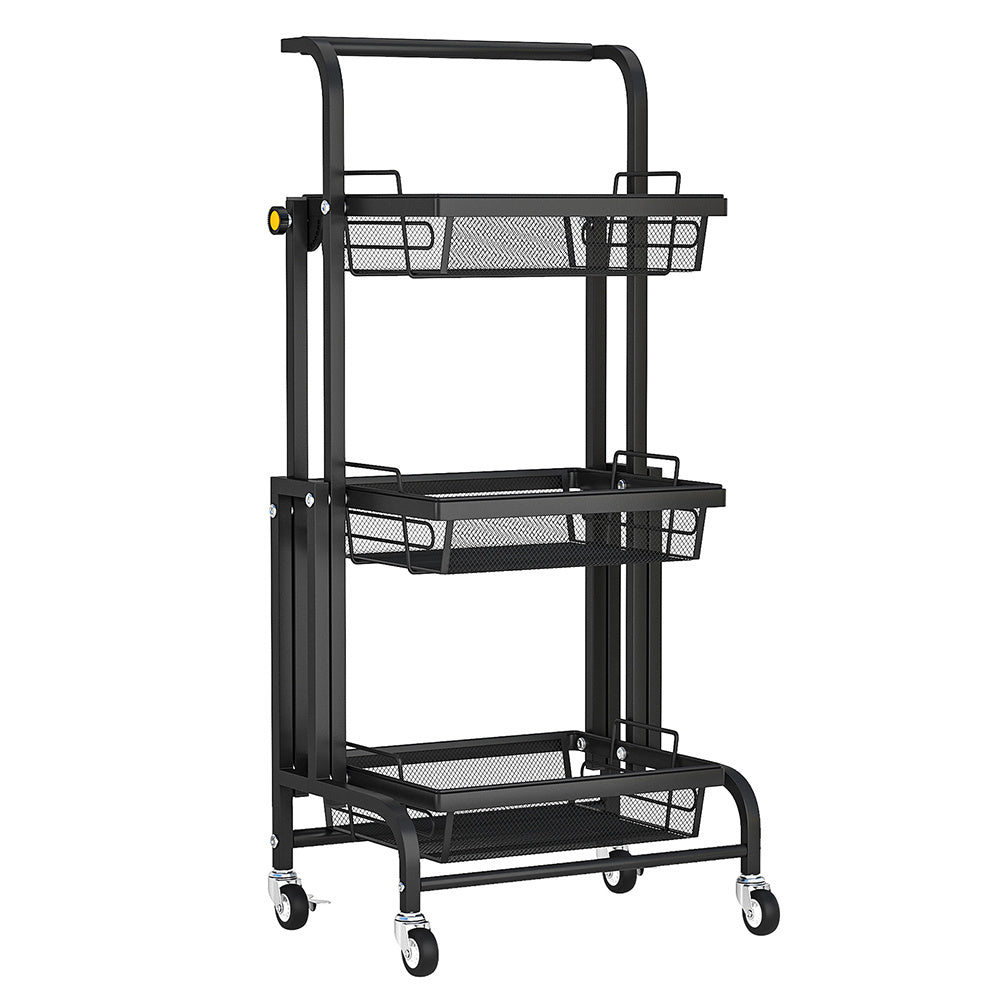A 3-Tier Folding Rolling Cart Kitchen/Bedroom/Living Room/Bathroom with three baskets on wheels.
