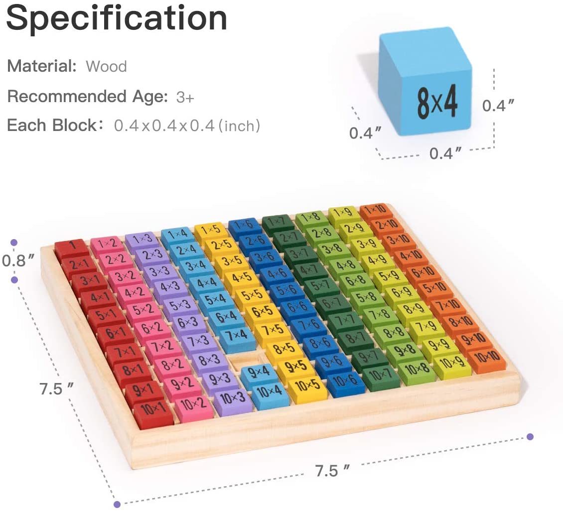 An educational toy with the Wooden Multiplication & Math Table Board Game, Kids Montessori Preschool Learning Toys Gift for Toddlers Aged 3 Years Old and Up - 100 Counting Wooden Building Blocks.