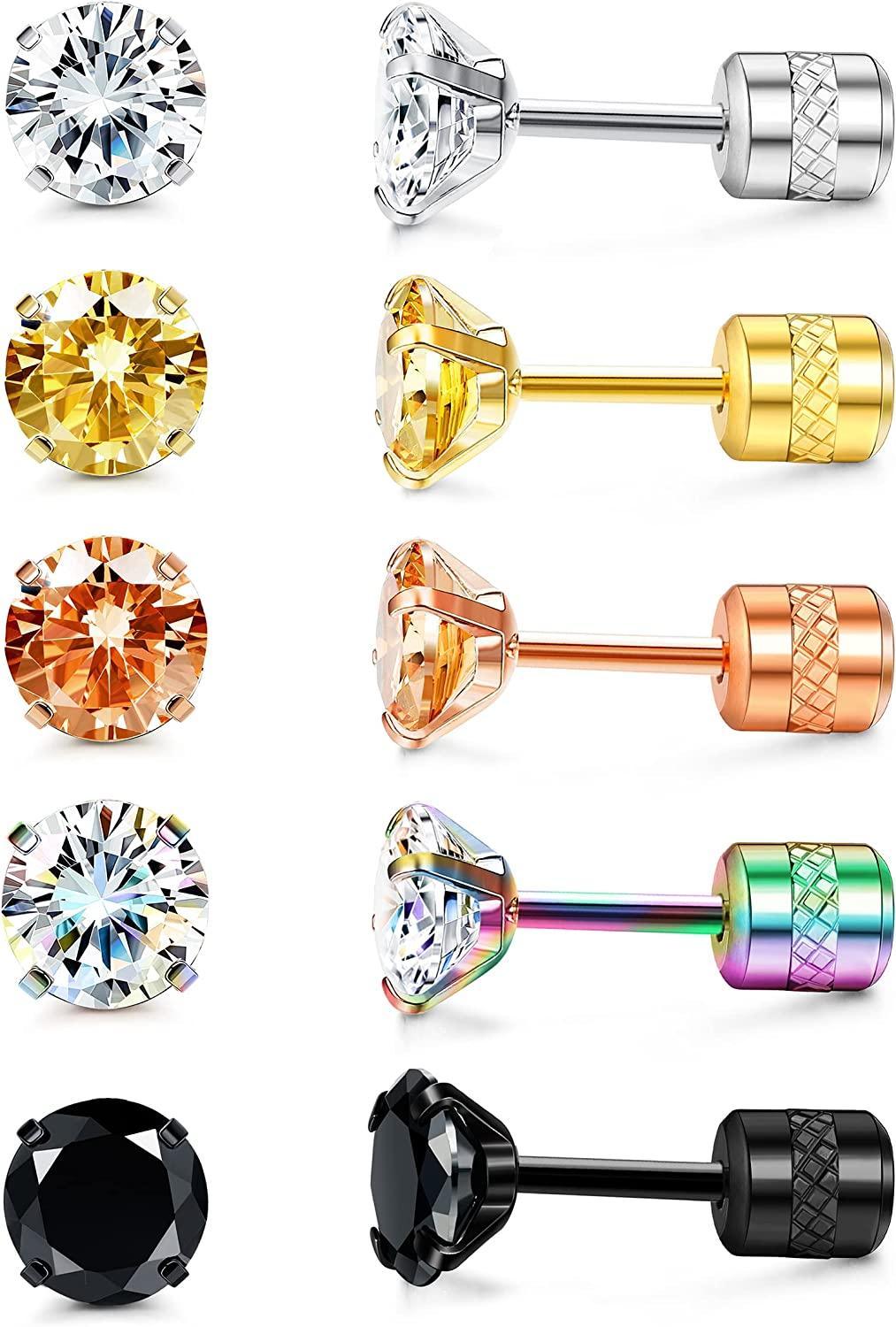 Assorted 5 Pairs Stud Earrings Set For Women Men in various colors and metal finishes, including silver, gold, rose gold, and black, each featuring a single cubic zirconia.