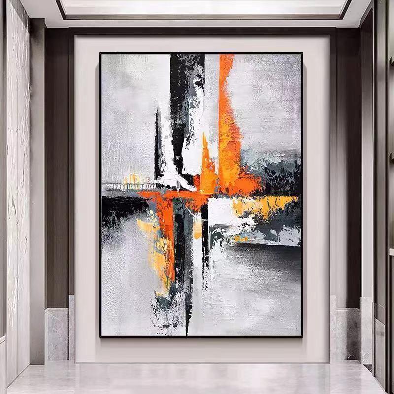 Abstract painting featuring bold orange and black strokes on a Modern Abstract Texture Acrylic Canvas Paintings Wall Decor Picture Wall Art Hand Painted Acrylic Paintings Home Wall Decoration, displayed in a modern frame within a sleek corridor.