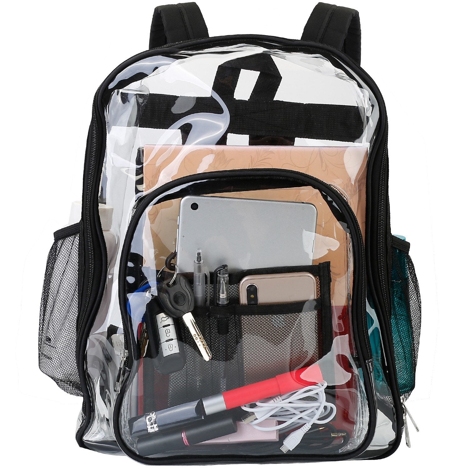 A Clear Backpack Heavy Duty Transparent Book Bag Waterproof PVC Clear Backpack 5.3Gal with Reinforced Strap with adjustable padded straps and spacious compartments, perfect for carrying a lot of items.