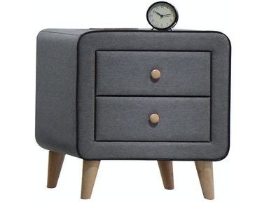 A Valda Nightstand in Light Gary Fabric YJ with two drawers and a clock.