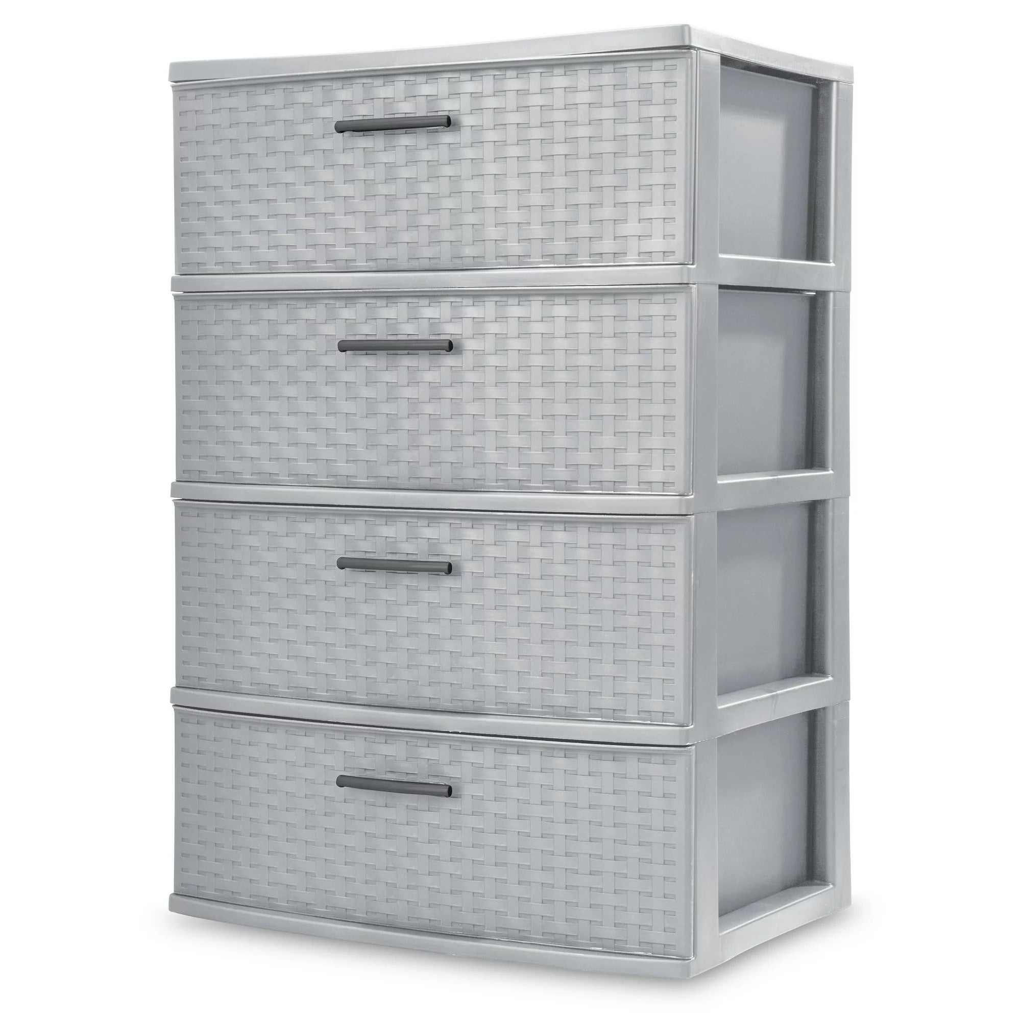 A woven 4 drawer wide weave tower decoration storage cabinet with gray drawers.
