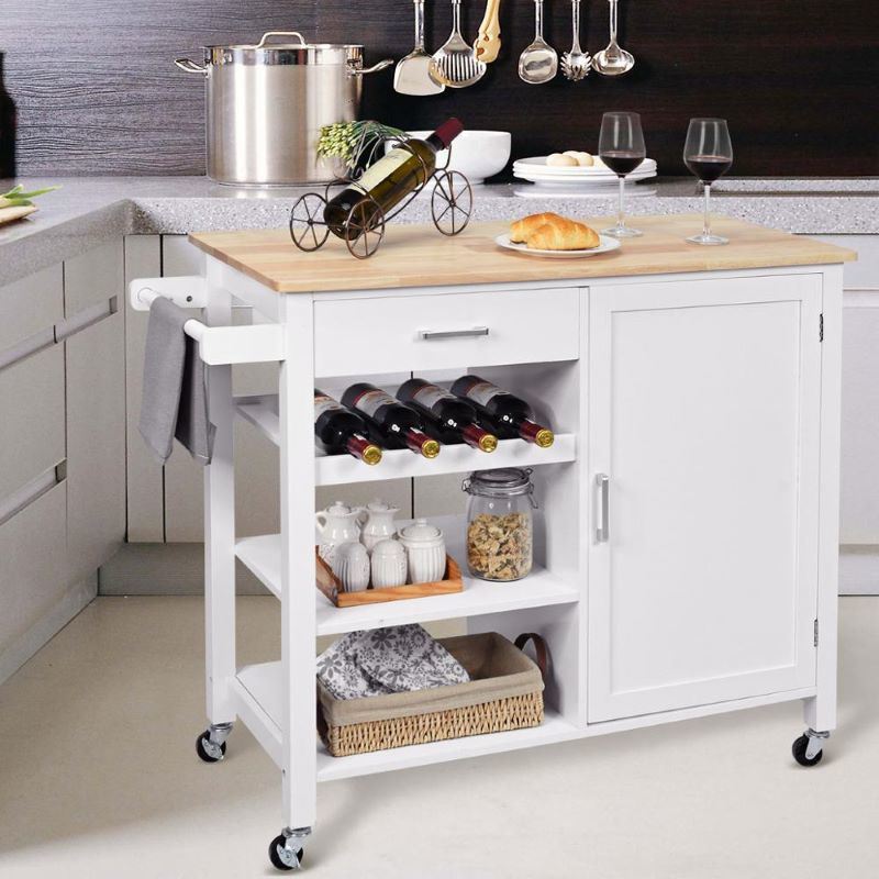 A waterproof Rolling Storage Cabinet Kitchen Cart For Home And Bar Commercial Usage with spacious shelves and bread on it.