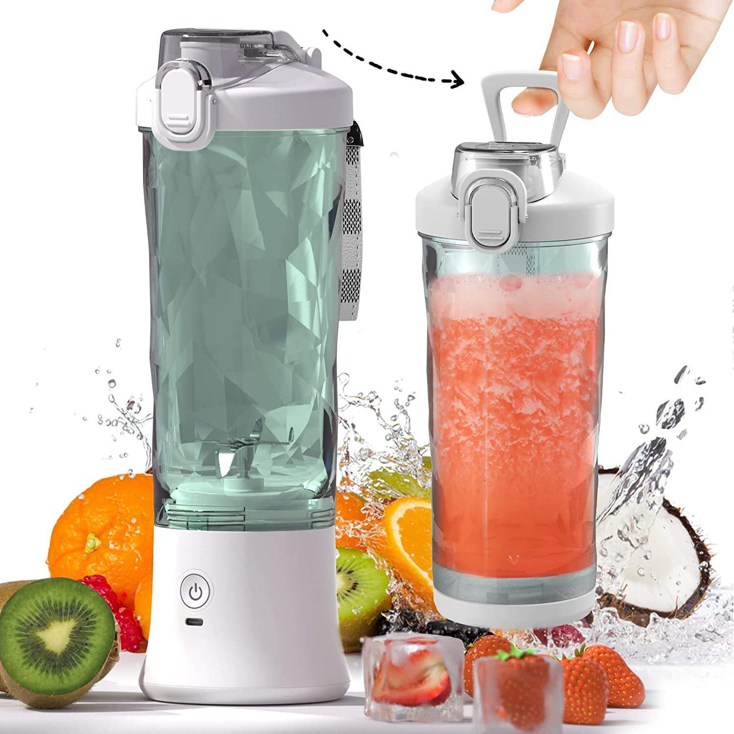 Transparent electric Dual-purpose Juicing Cup with a green base and lid, featuring stainless steel blades and a central blending shaft, along with an on/off button at the front.