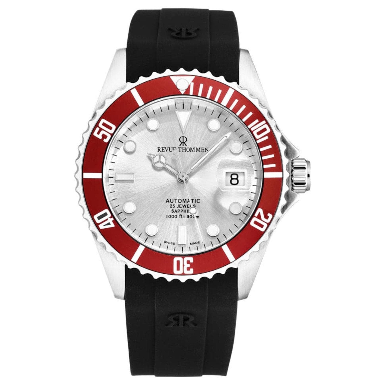 A Revue Thommen 17571.2826 Men's 'Diver' Silver Dial Rubber Strap Swiss Automatic Watch with a rubber strap.