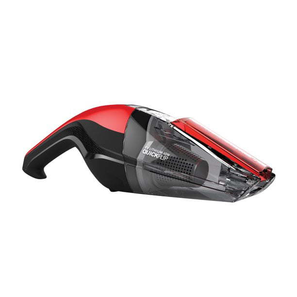 8V Quick Flip Multi-Surface Cordless Handheld Vacuum Cleaner with a transparent dust container and a red and black body, featuring a Quick Flip Crevice Tool, isolated on a white background.