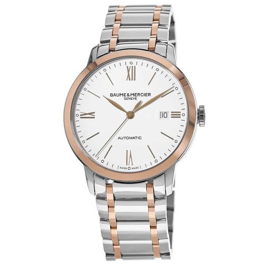 A Baume et Mercier Classima Rose Gold & Stainless Steel Silver Dial automatic watch with a white dial, Roman numerals, a date display, and a silver and rose gold bracelet.