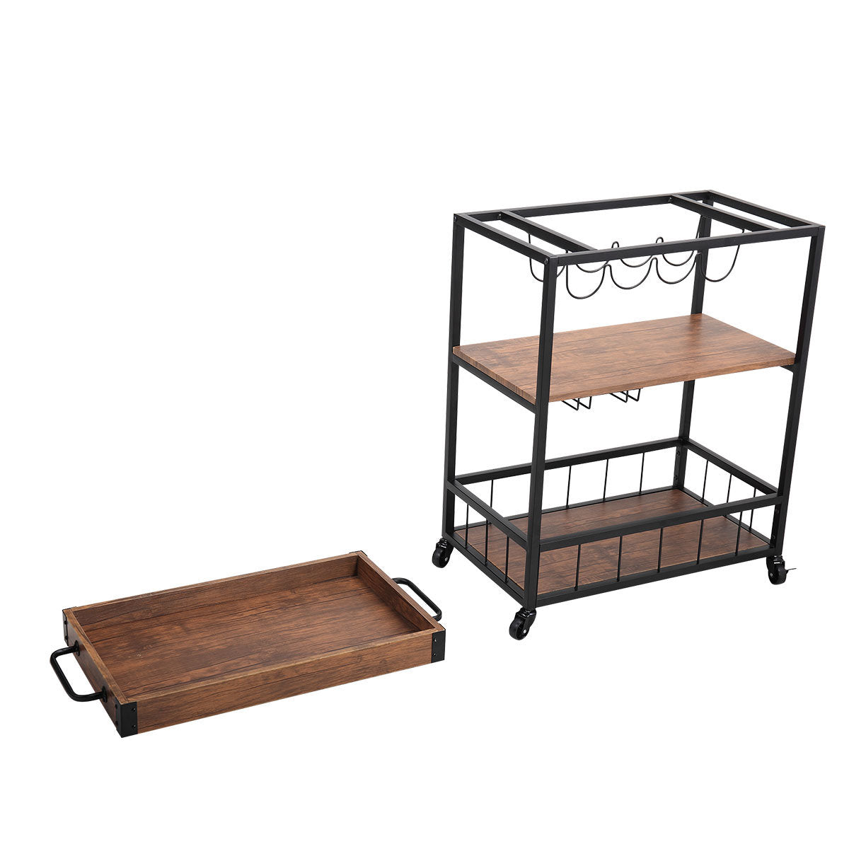 3-Tier Industrial Bar Serving Cart; Mobile Kitchen Storage Cart with Casters and Removable Tray; Wood Metal Serving Trolley for Home Dining Room; Brown and Black