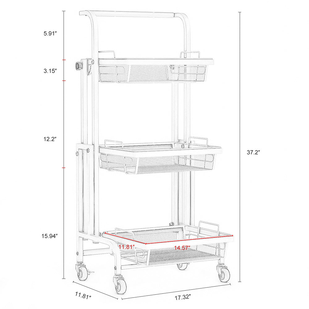 A 3-Tier Folding Rolling Cart Kitchen/Bedroom/Living Room/Bathroom with three baskets on wheels.