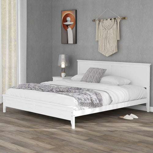 A Modern White Solid Wood King Platform Bed with a wooden headboard and footboard.