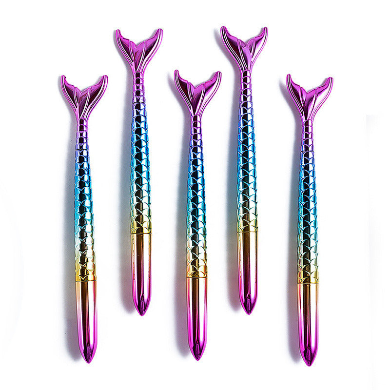 Five colorful 5 Pcs Mermaid Design Ballpoint Pens arranged in a row on a white background.