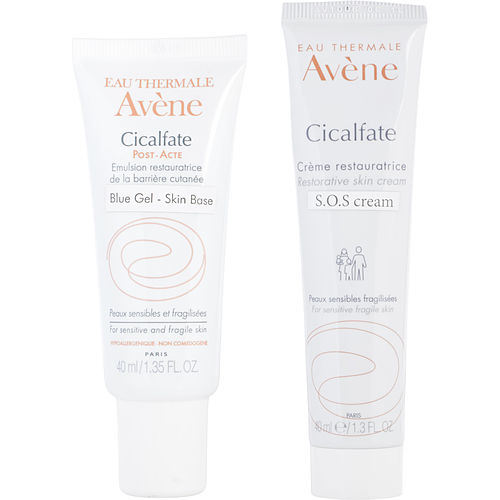 Two tubes of Avene by Avene Cicalfate Set, one labeled as "cicalfate post-acte blue gel" and the other as "cicalfate s.o.s. cream.