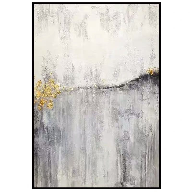 Handmade Abstract Oil Painting Top Selling Wall Art Modern Minimalist Bright Color Style Picture Canvas Home Decor For Living Room No Frame with a textured grey and white background, featuring a horizontal line and yellow accents.