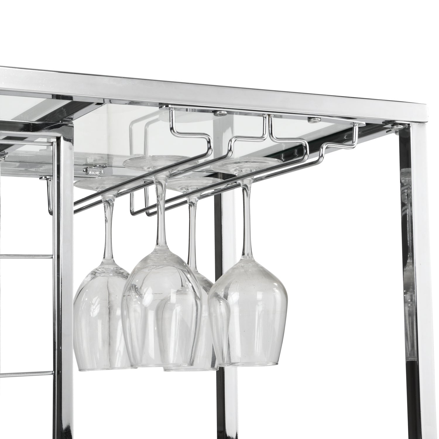 A sleek and contemporary Bar Serving Cart with Glass Holder and Wine Rack, 3-Tier Kitchen Trolley in a living room, featuring tempered glass for added durability and a stylish chrome-finished metal frame for easy access and storage.