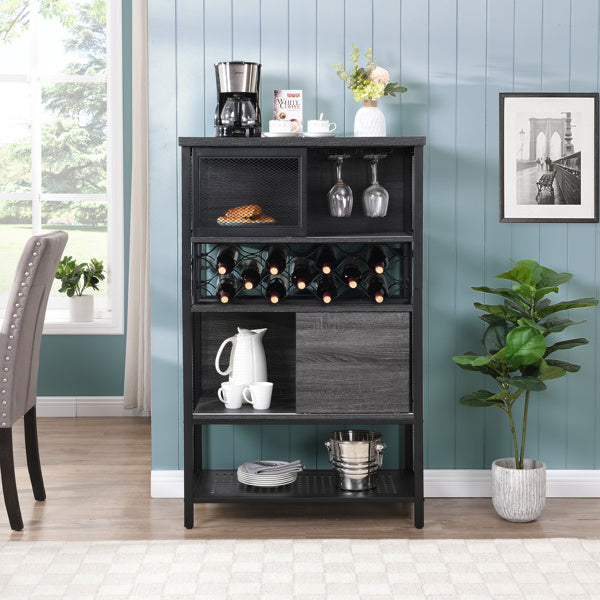 An Industrial Bar Cabinet with Wine Rack for Liquor and Glasses; Wood and Metal Cabinet for Home Kitchen Storage Cabinet with shelves and drawers that functions as a storage cabinet.