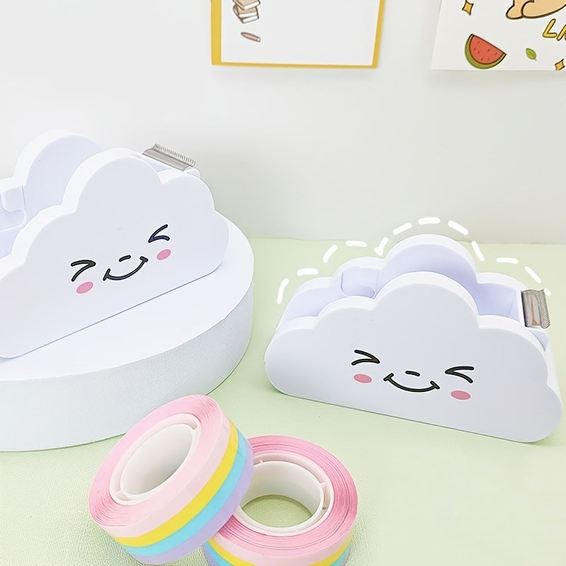 A smiling cloud-shaped tape dispenser with details labeled, accompanied by a roll of rainbow Washi tape.