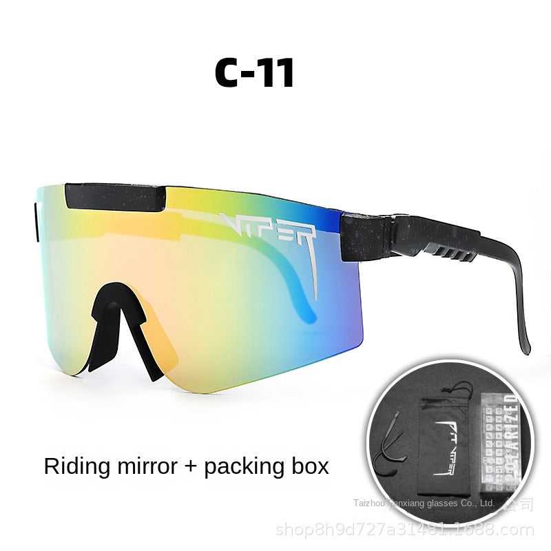 A pair of Pits Viper Riding Glasses Outdoor Sports Sunglasses for men, featuring "VIPER" branding on the lens and frame, with a red and white pattern on the arms. Designed for outdoor sports, they offer UV400 protection and come labeled "C-21," including a riding mirror and packing box.