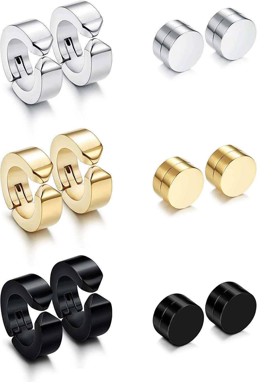 A collection of 6 pairs of stainless hoop earrings in silver, gold, and black colors made from 316L stainless steel displayed in pairs, featuring a simple, polished design.